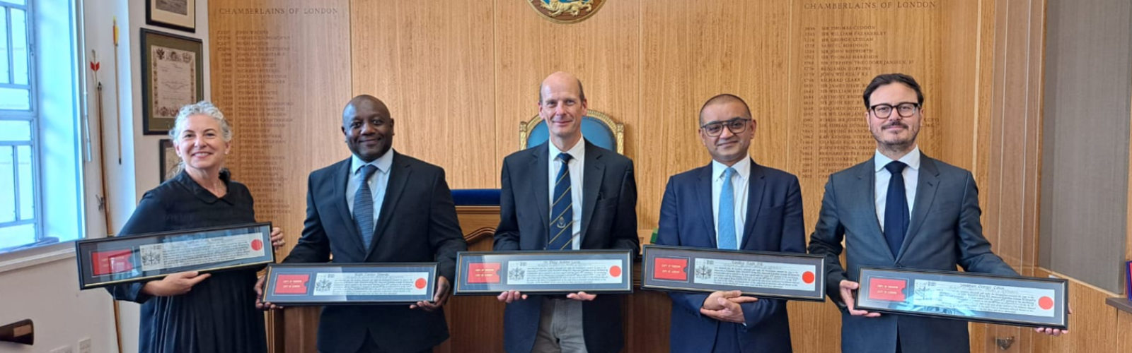 Image shows five Spectacle Makers from different backgrounds receiving their Freedom of the City of London.