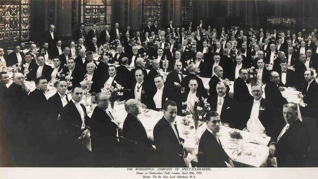 Group photograph of a dinner of the Worshipful Company of Spectacle Makers at Clothworkers’ Hall